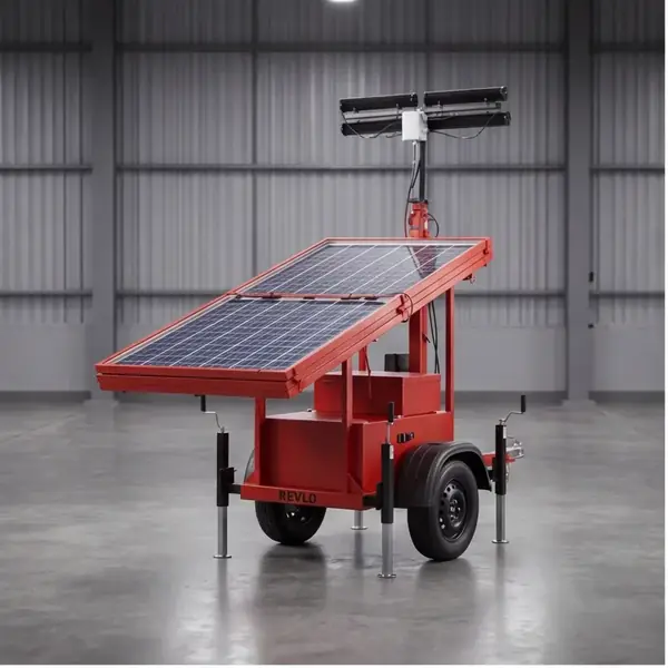 Torre de Iluminação Solar Eco 300 da Revlo vista geral, com placas fotovoltaicas recolhidas