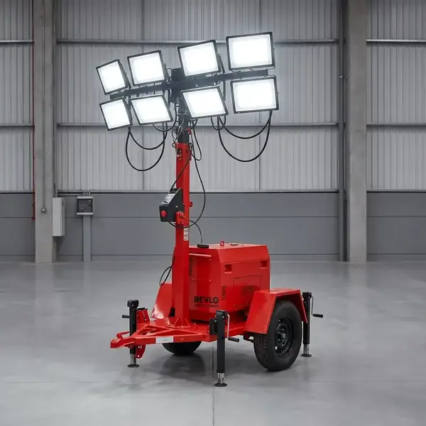 Torre de Iluminação RV 4800 da Revlo com os 8 refletores LED acesos